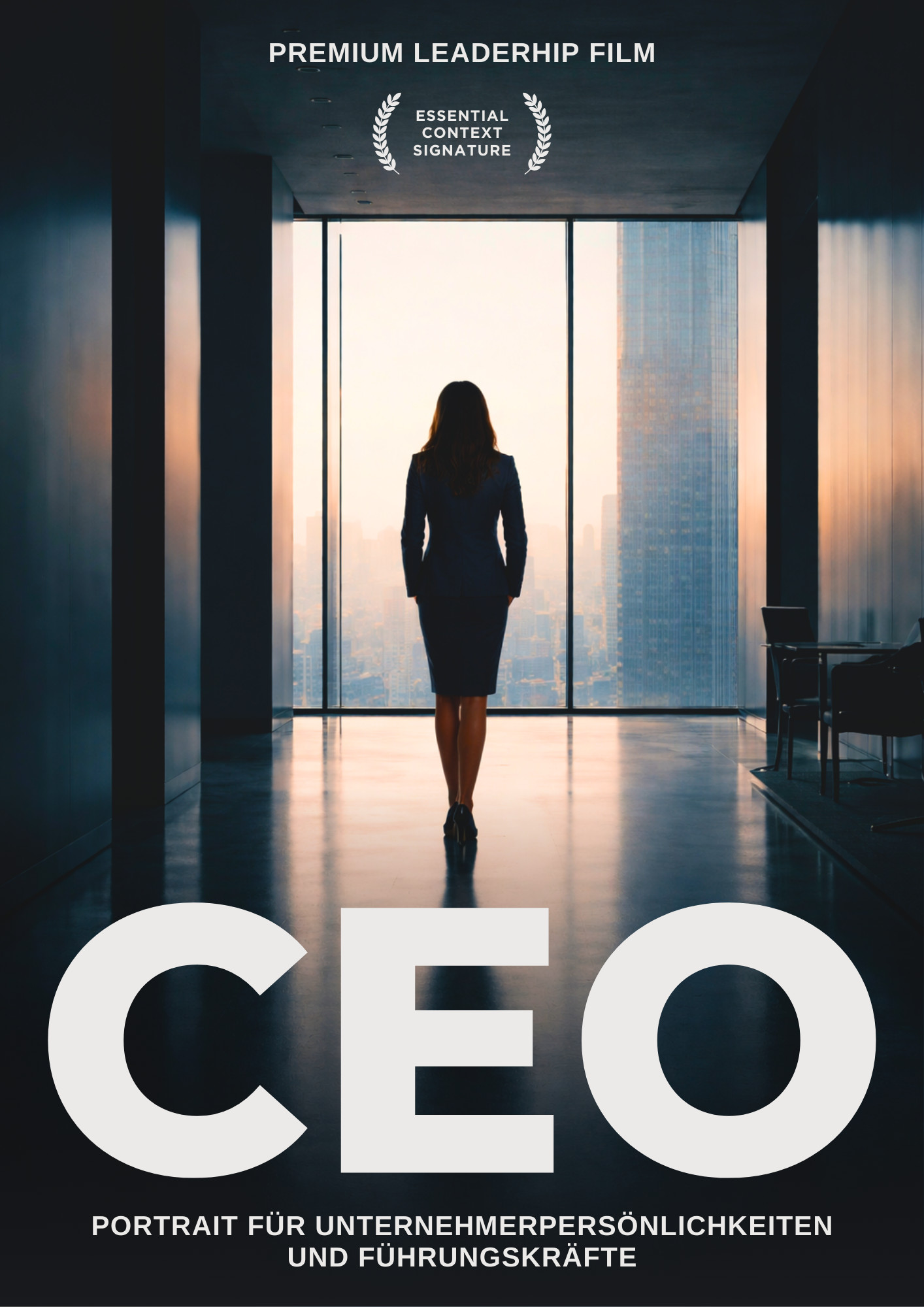 Flyer in Filmposter-Optik mit weißer Schrift als Werbung für ein CEO-Portrait.