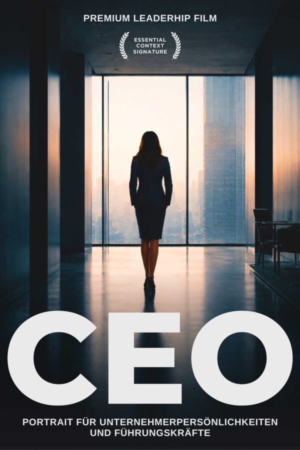 Flyer in Filmposter-Optik mit weißer Schrift als Werbung für ein CEO-Portrait.
