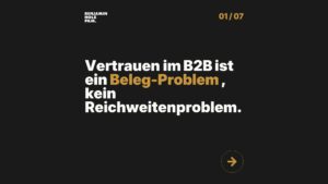 Statement-Bild: "Vertrauen im B2B ist ein *Beleg-Problem*, kein Reichweitenproblem."