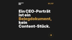 Statement-Bild: "Ein CEO-Porträt ist ein *Belegdokument*, kein Content-Stück."